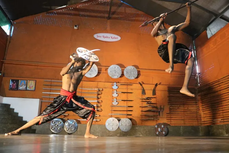 Students in a mid-air spear and shield bout at Sree Rudra Kalari, Tripunithura