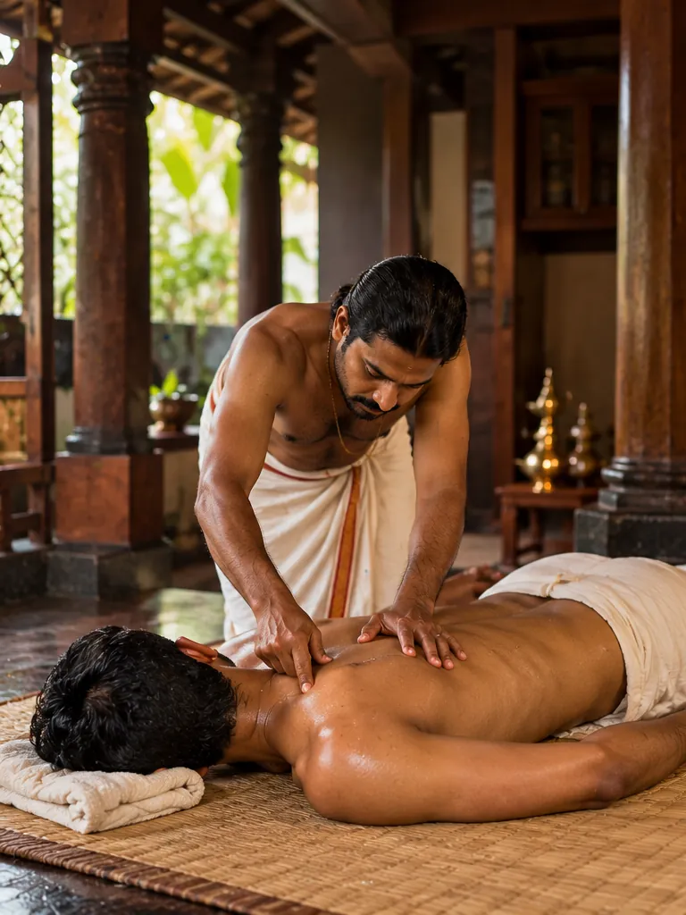 Marma treatment for back pain: hands working herbal oil into the muscles beside the spine
