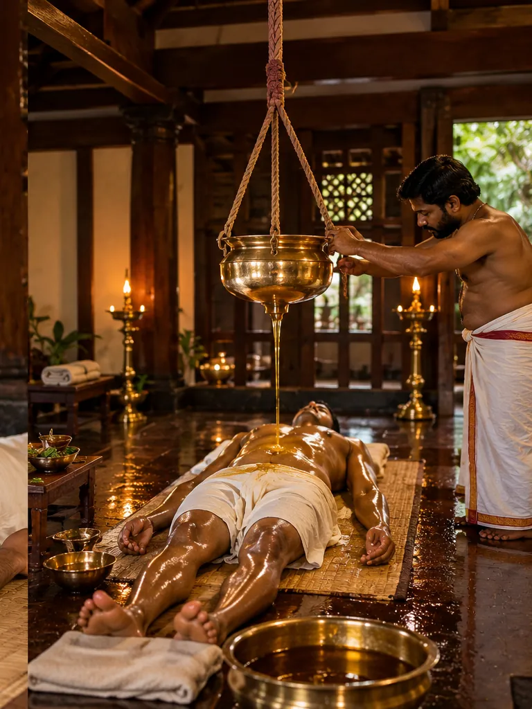 Warm herbal oil poured from a brass vessel during a traditional full-body treatment